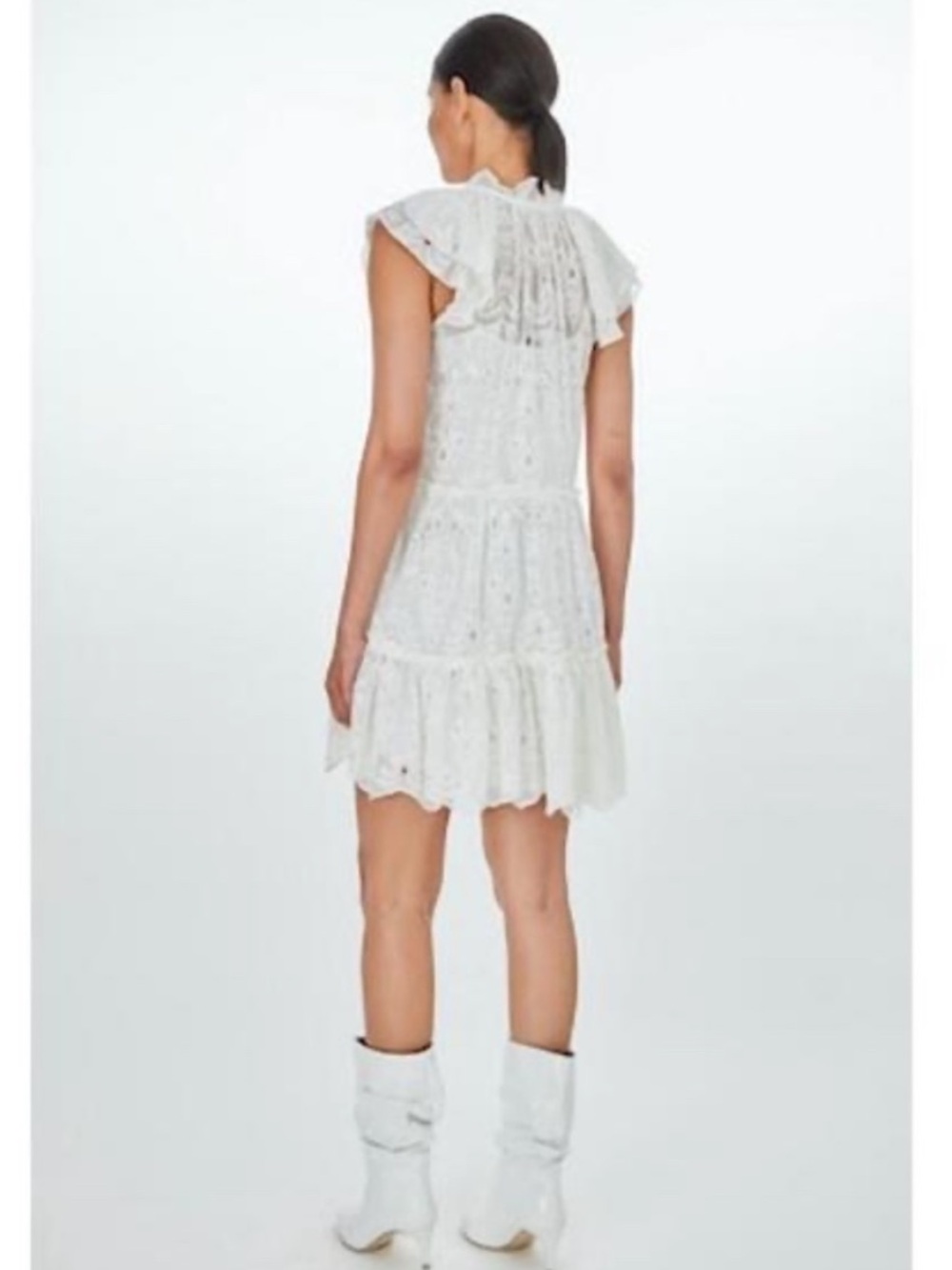 Generation Love White Eyelet Flutter Sleeve Tiered Boho Bridal Mini Dress Medium - Picture 9 of 10